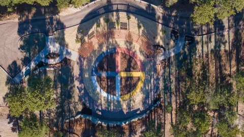 top-down drone photo of the sacred circle garden