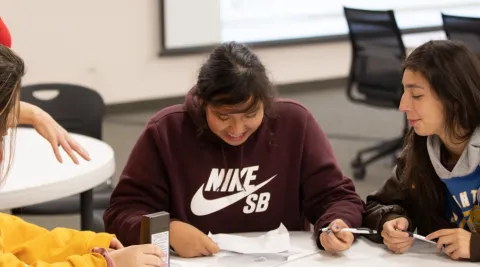 Three high school students work together on an educational challenge.