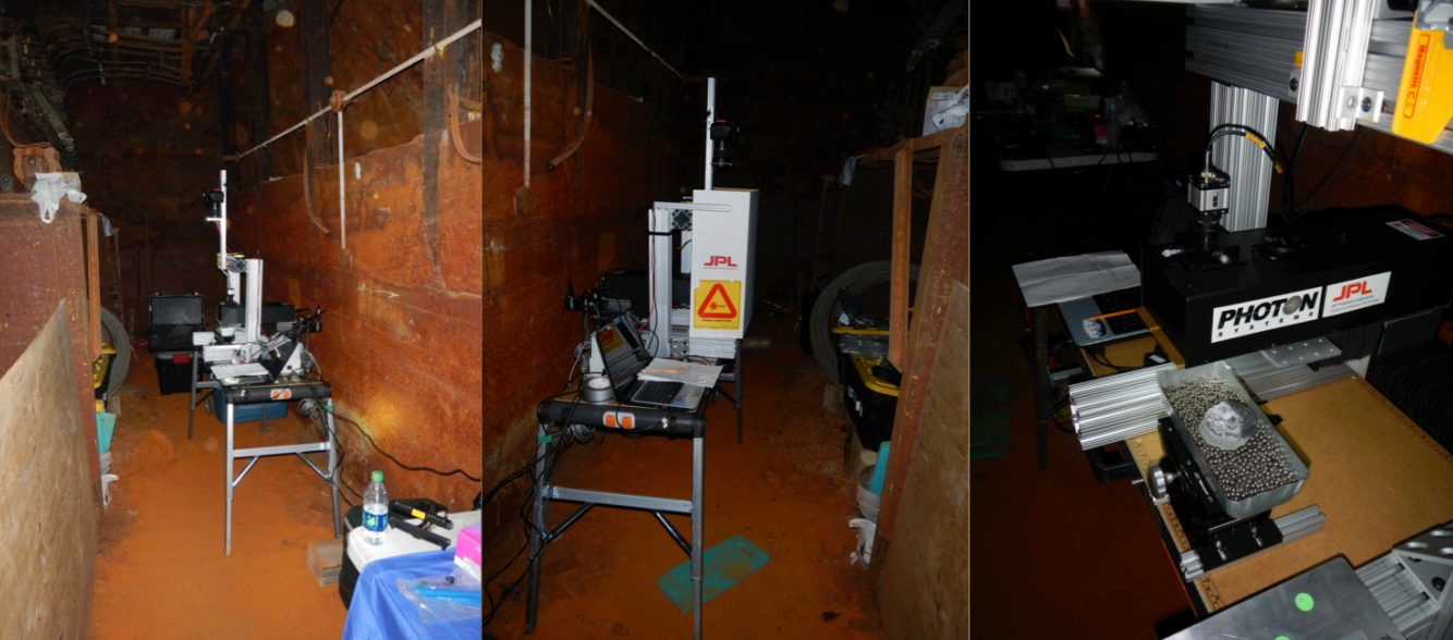 Three photos side-by-side show scientific instruments along the side wall of a dimly lit underground tunnel