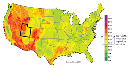 Color-coded map of the US underground temperatures at depth