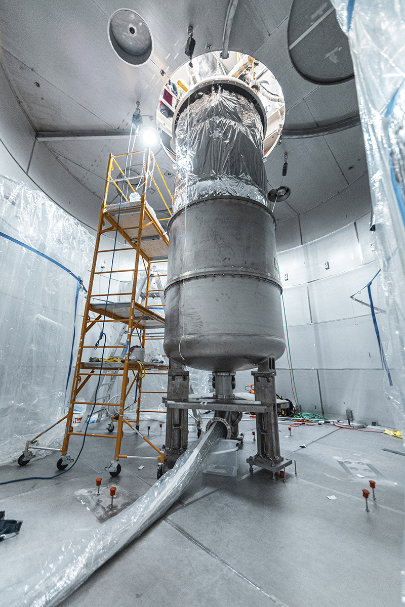 The LUX-ZEPLIN (LZ) dark matter team lowered the experiment’s inner detector into the water tank. 