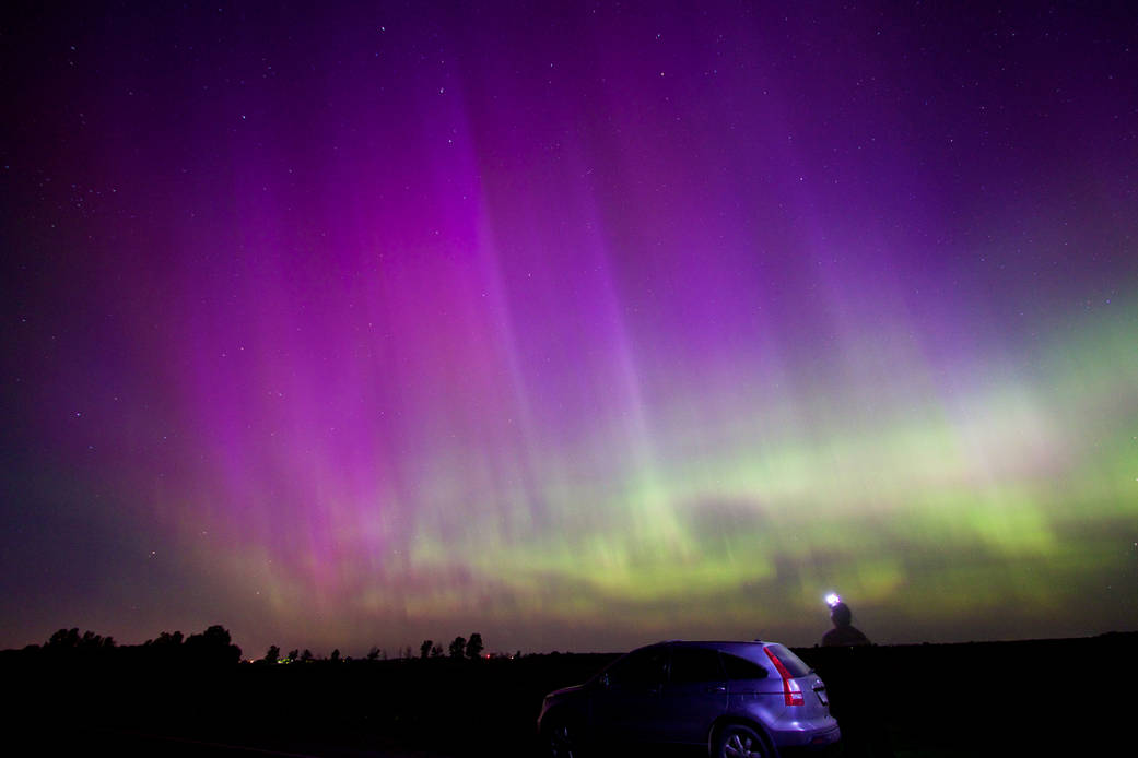 On June 22, 2015, a solar flare created a brilliant Aurora that was seen in several mid-latitude locations, including the United Kingdom—and South Dakota. “The most intense aurora I've ever seen,” said photographer Christian Begeman. The Aurora borealis was sited between Lake Preston and DeSmet, South Dakota, while the moon was still out.