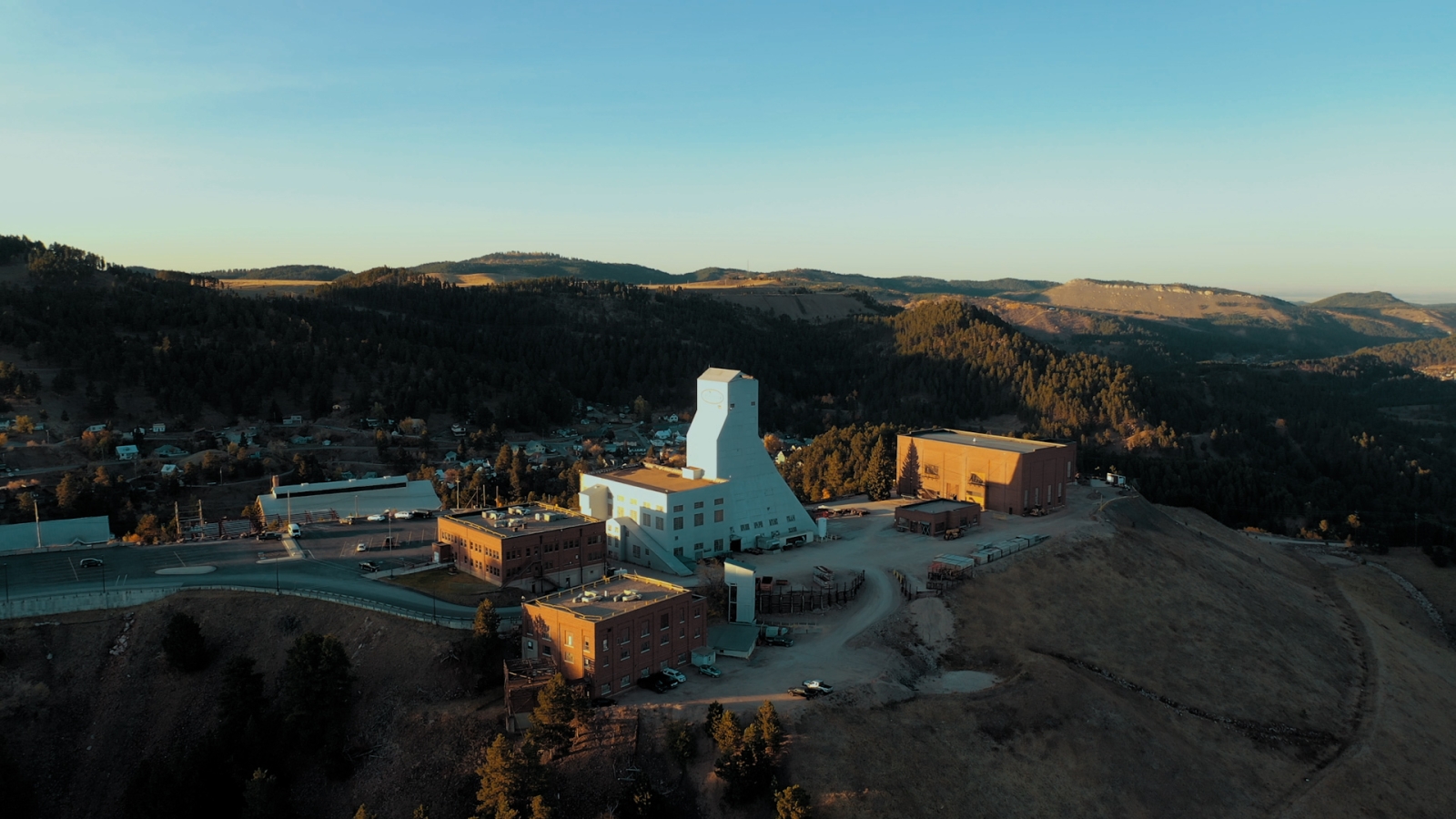 a drone photograph of the Yates Headframe and surrounding buildings 