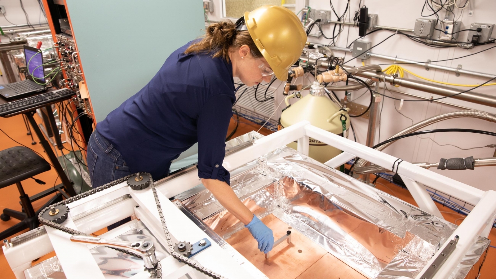 Dr. Brianna Mount works on a low-background counter in the Black Hills State University Underground Campus 