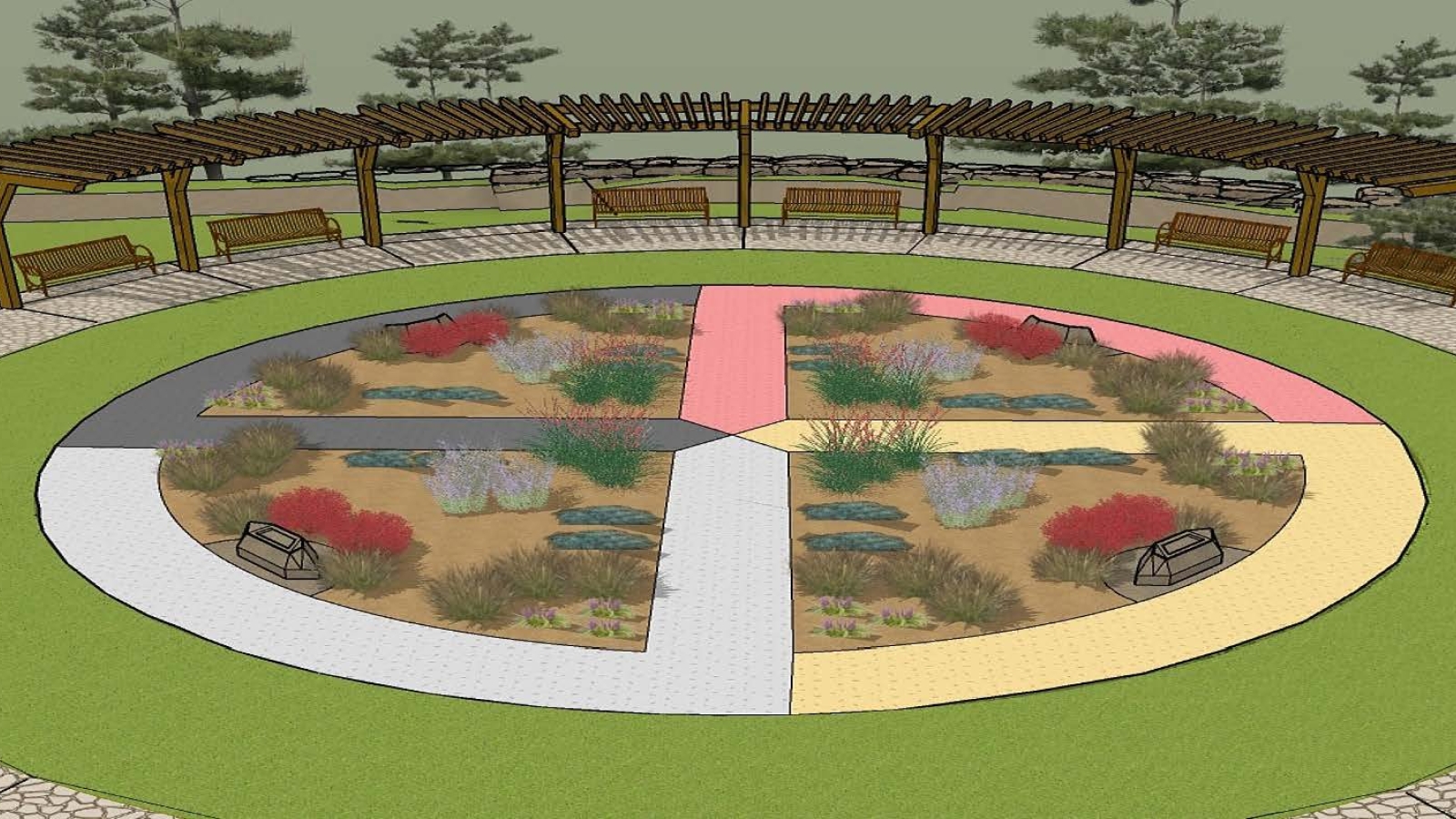 Designer rendition of the garden. A colored medicine wheel with plants at the center.
