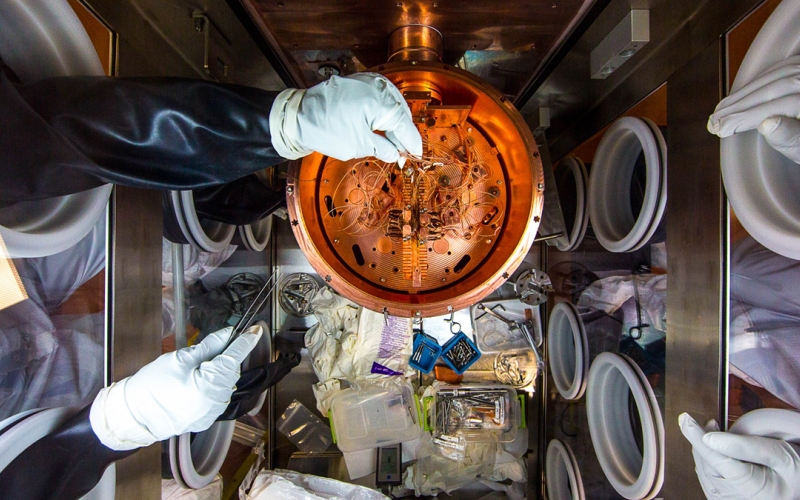 Researchers work on the inner Majorana Demonstrator cryostat, which is in a glovebox