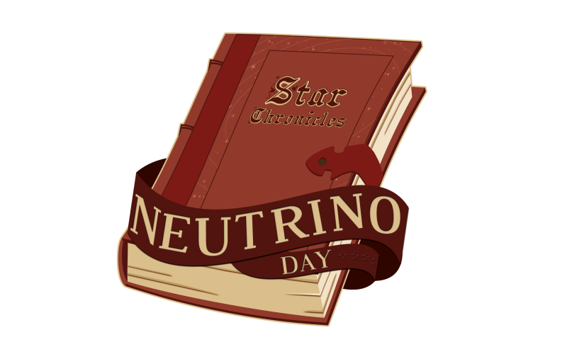 A leather-bound book with "Star Chronicles" inscribed on the cover and a banner that reads "Neutrino Day"