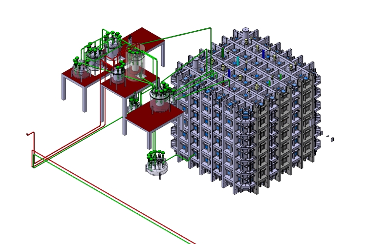 Rendering of the cryostat housing the dual-phase DUNE prototype detector and its cryogenics system. Image Courtesy of CERN.