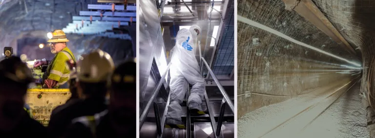 Three award winning photos.  One of a man driving a trolly underground, another if a researcher in clean room garv mask and PPE climbing a steep ladder, the third a drift with rails underground at SURF. 