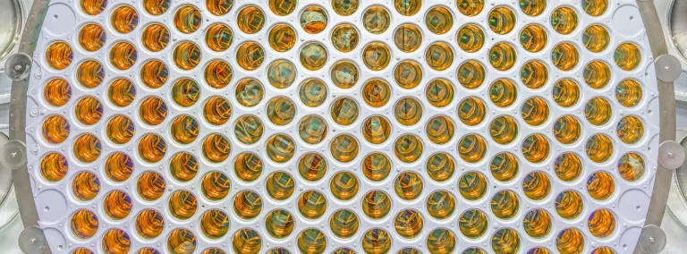 A much larger PMT arrays in LZ than in LUX. This image shows many more shiny photomultipler tubes than in LUX.