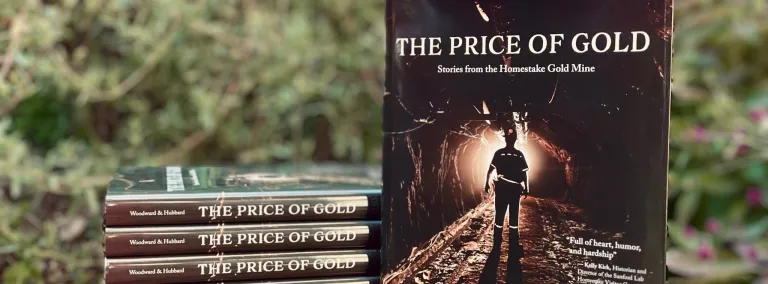 The cover of the book the Price of Gold showing a miner underground backlit inside a draft.  