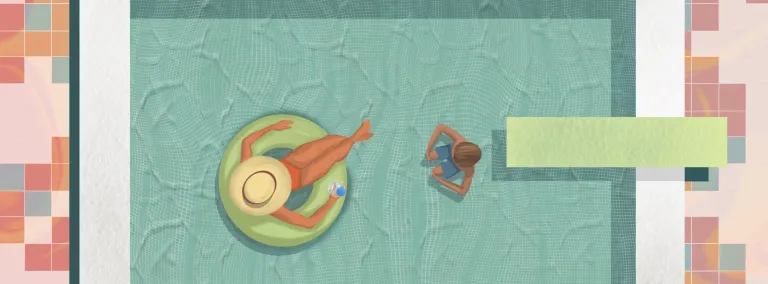 A art piece showing someone in a pool with a kid jumping off a diving board.  This fits the analogy in the article about disturbances to qubits from cosmic rays. 