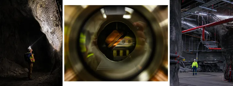 Three photos that are the winners include a photo of a person shining a cap lamp on a wall underground, a photo inside CASPAR, and a photo in the DUNE research space. 
