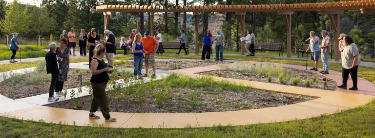 A group walking around a medicine wheel.