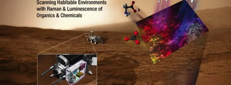 Graphic shows robot on desert landscape with a box enlarging some of the robotic components