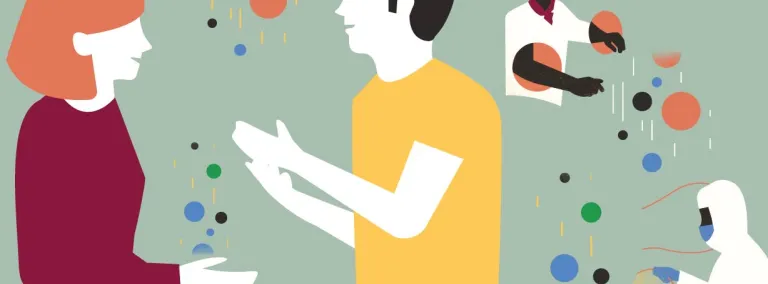 Graphic of two scientists talking. And two experimentalists.
