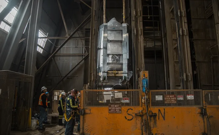 Lux-Zeplin detector being slung in the yates shaft