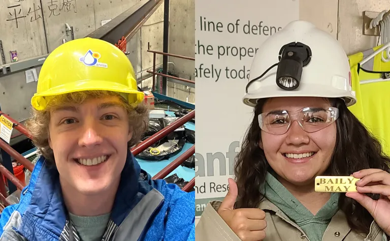 Noah Everett and Baily May in two side by side photos, both are wearing hard hats.  