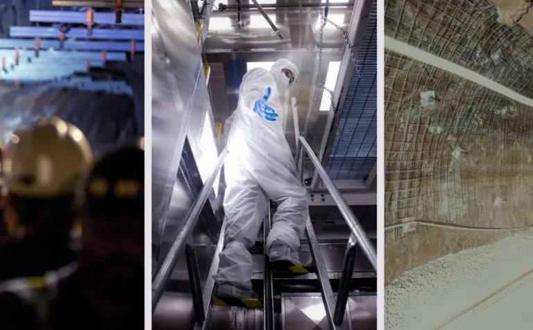 Three award winning photos.  One of a man driving a trolly underground, another if a researcher in clean room garv mask and PPE climbing a steep ladder, the third a drift with rails underground at SURF. 