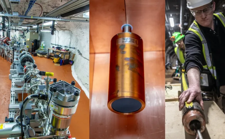 Four images showcasing the science at SURF - one of LZ Photomultiplier tubes, one of a copper detector, one of a person doing geologic research and one of the Majorana Demonstrator Project copper detector 