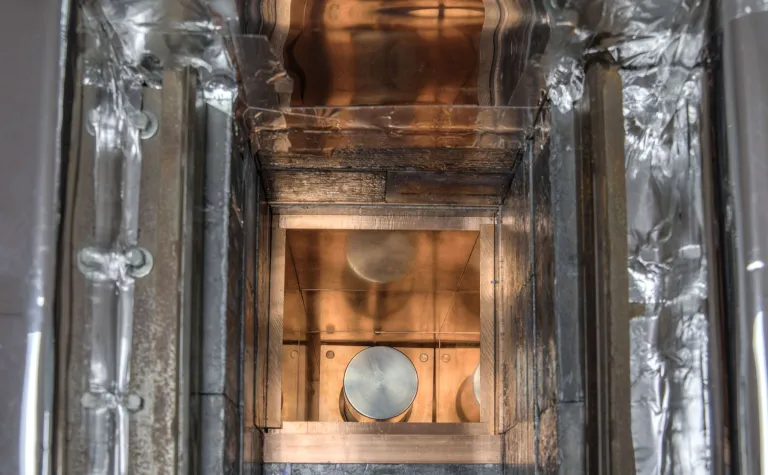 The inside of a copper lined box that is part of a low background counter. 