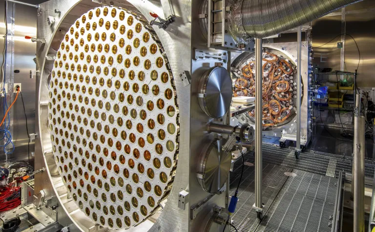 Lower (left) and upper photomultiplier tube arrays are prepared for LZ at the Sanford Underground Research Facility in Lead, South Dakota. (Credit: Matt Kapust/SURF)