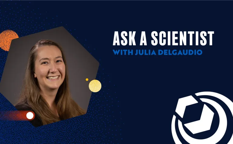 A flyer with Julia's picture,  the SURF logo, and the words Ask a Scientist with Julia Delgaudio