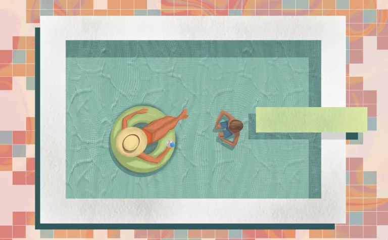 A art piece showing someone in a pool with a kid jumping off a diving board.  This fits the analogy in the article about disturbances to qubits from cosmic rays. 