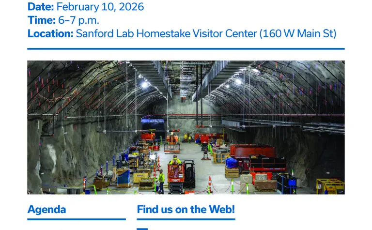 Fermilab Meeting Flyer for the event on Feb. 20, 2026 form 6-7 p.m. at the Sanford Lab Homestake Visitor Center in Lead, SD. 