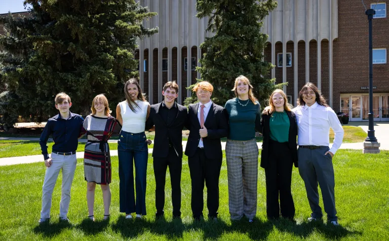 The 2026 cohort of Davis-Bahcall Scholars pose for a photo on the campus of Black Hills State University 