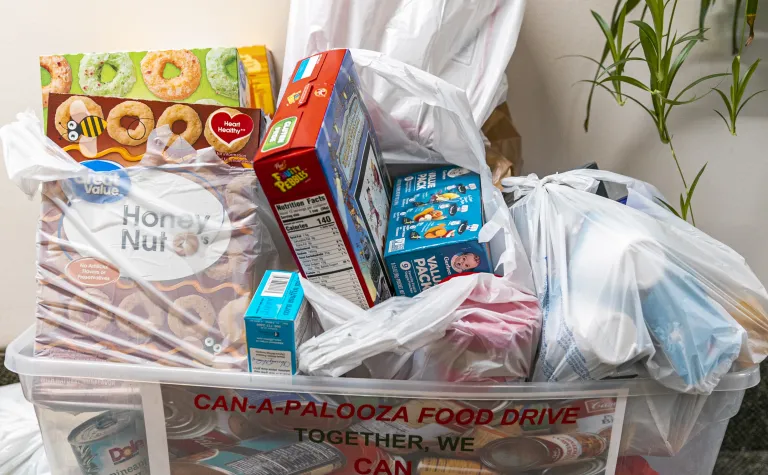 Basket full of donated food items