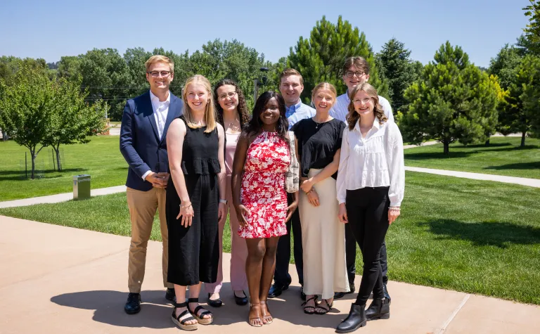 Davis-Bahcall Scholars in 2023 included,  From left to right Connor Matthies, Cara Ronish, Grace Davis, Ike-Njoku Theresa Ahunna, William Kuhl, Sophie Schmid, Joseph Bumann, and Laura Jensen. Photo by Stephen Kenny. 