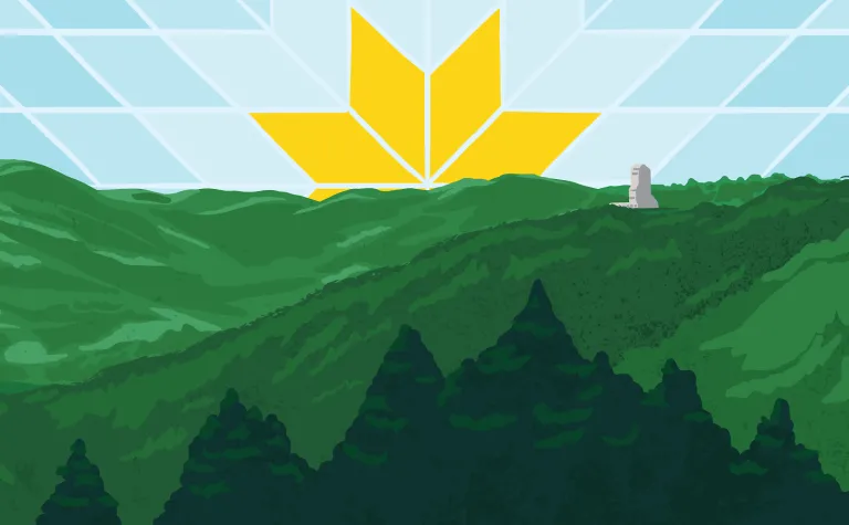 Graphic of sun rising over green hills with the Ross Headframe in the skyline