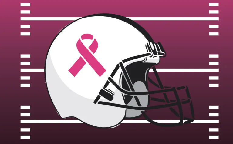graphic of football helmet with pink ribbon on the side 