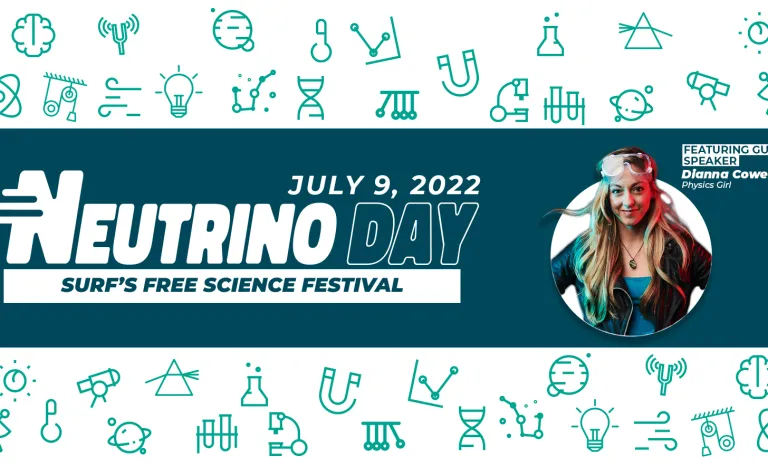 Neutrino Day graphic with the text "Neutrino Day SURF's free, citywide science festival featuring Dianna Cowern" 