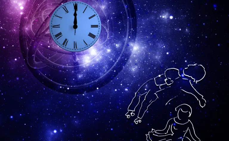 Graphic of a clock in the upper right corner. Male and female outlines in the bottom right corner. The background is a starry universe.