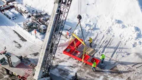 This image shows D&W Crane and Rigging in Rapid City, unloading a large piece of steel that will be used for DUNE at SURF. The lifting slings being used here were sourced through Dakota Riggers & Tool Supply in Sioux Falls. This photo represents two examples of hundreds of contracts that SURF has made with businesses across South Dakota.