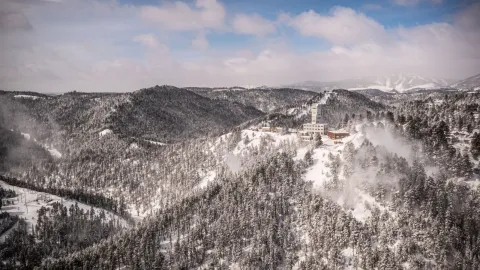 aerial photo of the ross headframe on a snowy morning