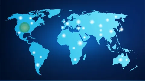 a global map with a green dot showing the SURF location in South Dakota  