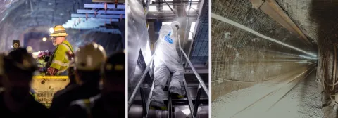 Three award winning photos.  One of a man driving a trolly underground, another if a researcher in clean room garv mask and PPE climbing a steep ladder, the third a drift with rails underground at SURF. 