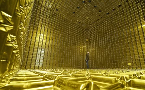 person standing in gold cryostat 