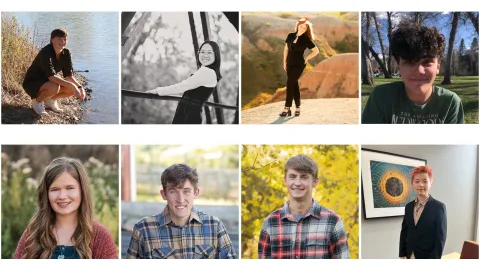 The 2023 Davis-Bahcall Scholars include: Mackenzie Hollenbeck, Huixin Zhang, Nicolette Dame, James Roth, Ashley Tiezen, Beck Bruch, Colby Routh, and Jing Yan.  A photo collage of these students 