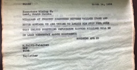 Photo of a telegram from Nordberg Manufacturers. Courtesy Siemag Tecberg, Inc.