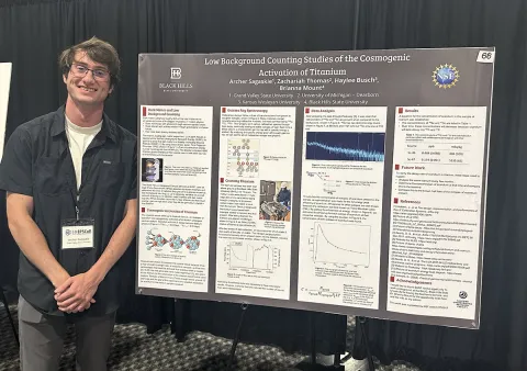 Archer Sagaskie, a student of physics at Grand Valley State University in Michigan, is one of those who took part in the 2024 REU at BHSU and SURF.  Here he presents at a poster session in the sumemr of 2024