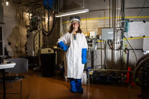 Olivia Valentino, a second-year Ph.D. student studying particle physics at Imperial College London poses in full PPE for work on LZ.