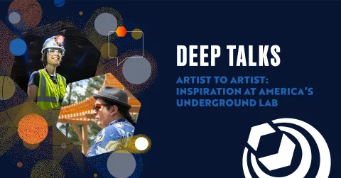 a flyer with photos of each artist and the words Deep Talks—Artist to Artist: Inspiration at America’s Underground Lab