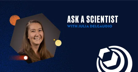 A flyer with Julia's picture, the SURF logo, and the words Ask a Scientist with Julia Delgaudio