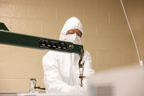 Cabot-Ann Christofferson is a research scientist at South Dakota Mines who joined the MAJORANA Collaboration as a chemist when activities at SURF were beginning works inside the cleanroom.