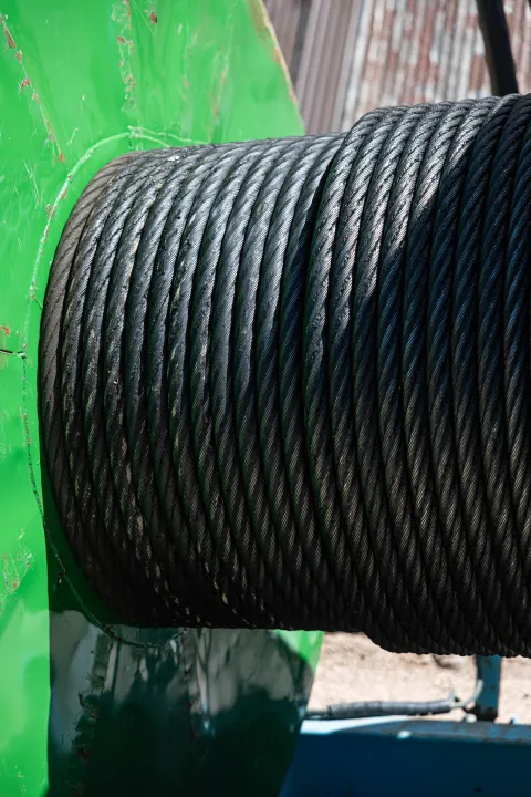 The wire rope on a spool after being removed from the Headframe and Hoist.