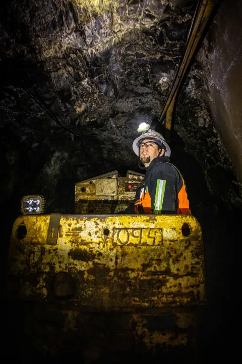 Jason Connot on the 1700 Level in 2026 running an underground locomotive. 